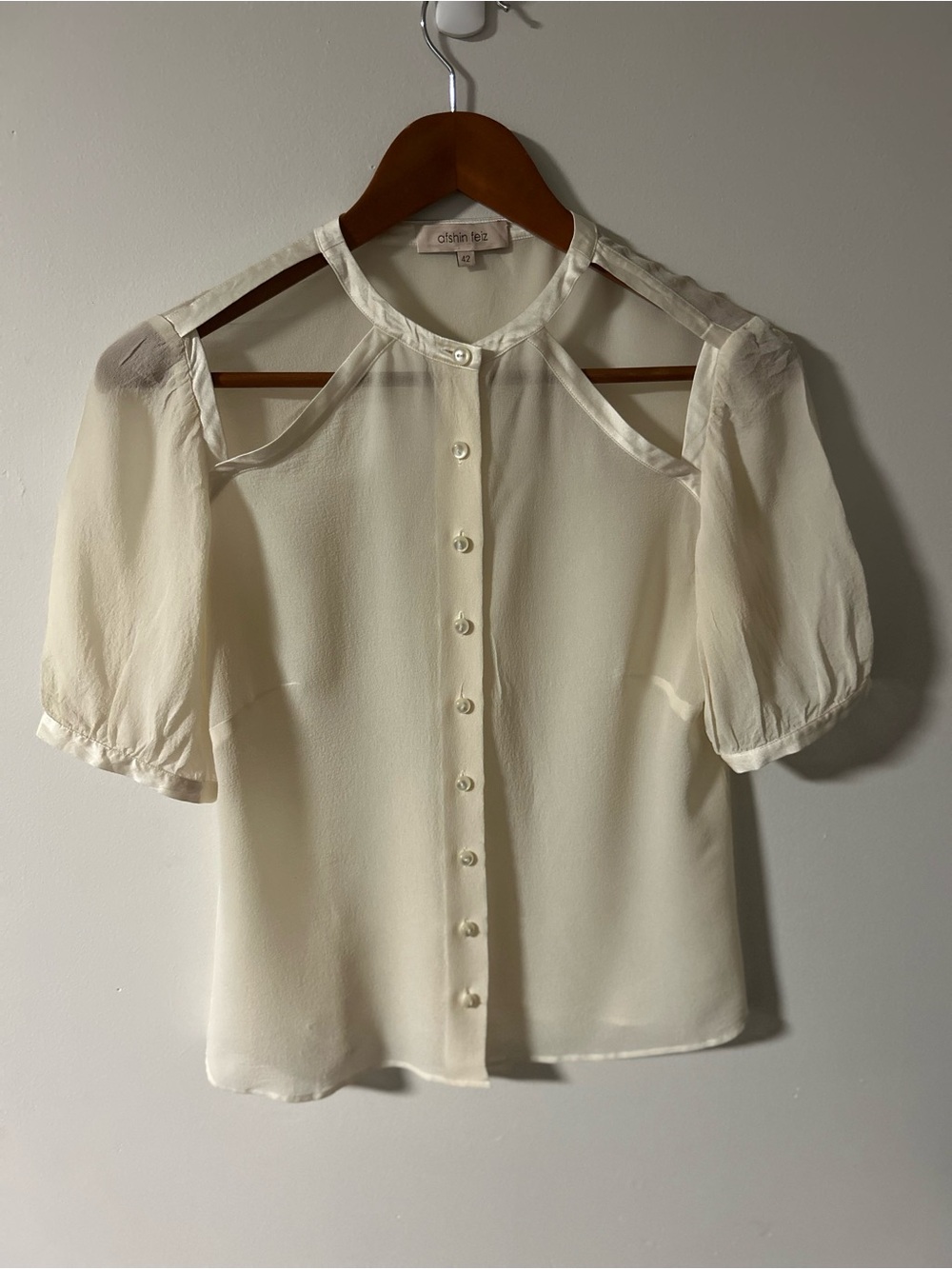 Afshin Feiz Cream Silk Cutout Sheer Panel Blouse Top Size 42 (US M)